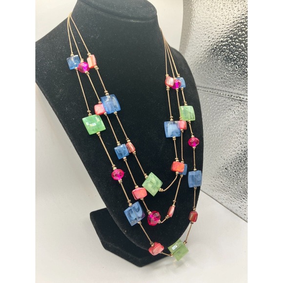 Marbled Multicolored 3 Strand Beaded 21 3/8 Inch Necklace! - Picture 3 of 7